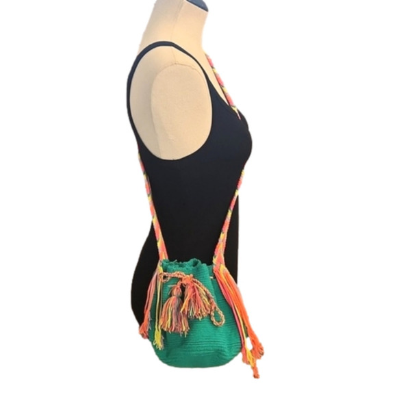 Source Unknown Handbags - Womens vibrant teal green crossbody bag with woven colorful strap & pompom tie.